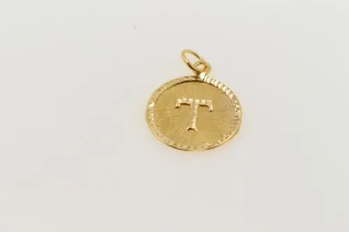 22k Pendant Solid Gold Charm Letter T Pendant Round Design p1091 ns