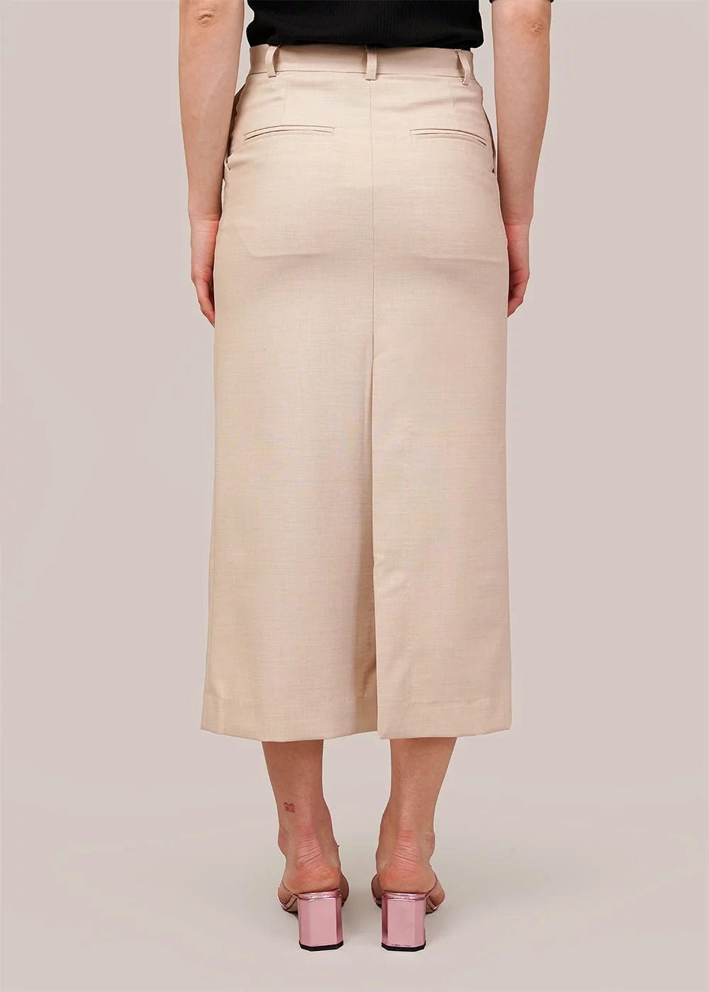 Beige Split Back Midi Skirt