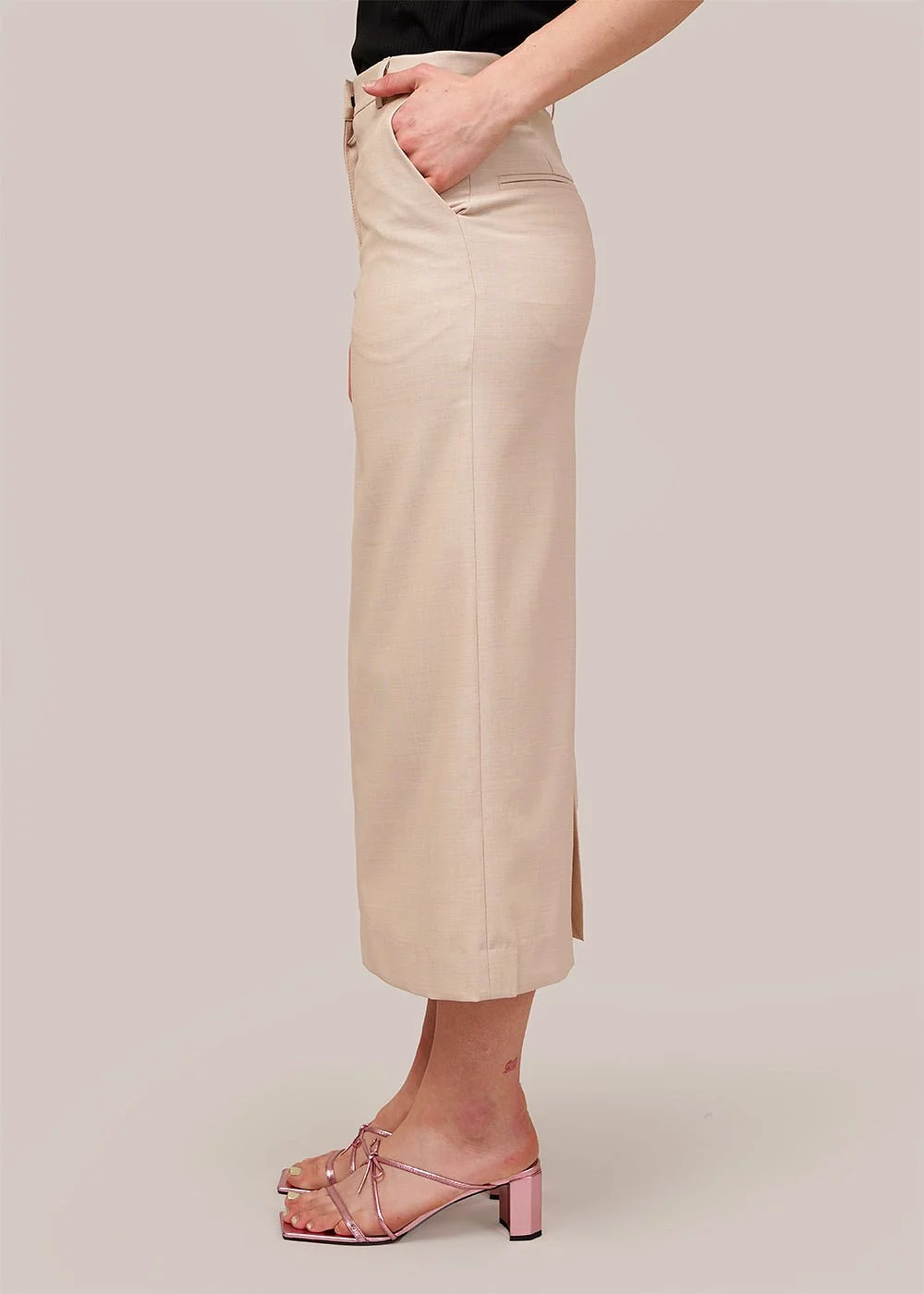 Beige Split Back Midi Skirt