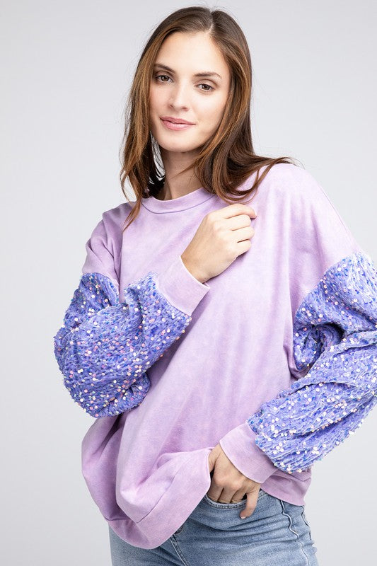 BiBi Velvet Sequin Sleeve Mineral Washed Top