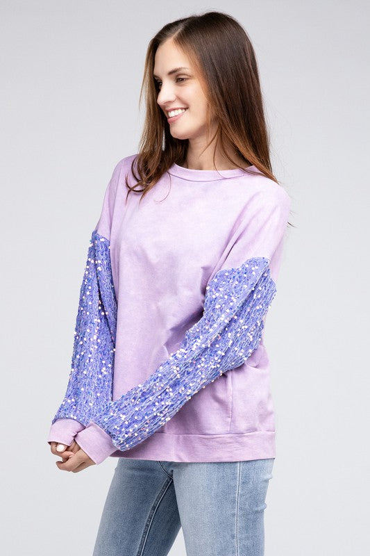 BiBi Velvet Sequin Sleeve Mineral Washed Top