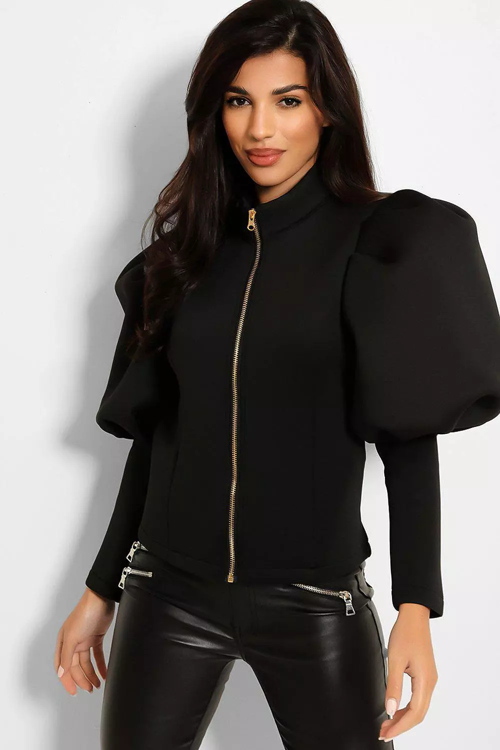 Black Scuba Puff Shoulder Zip Jacket