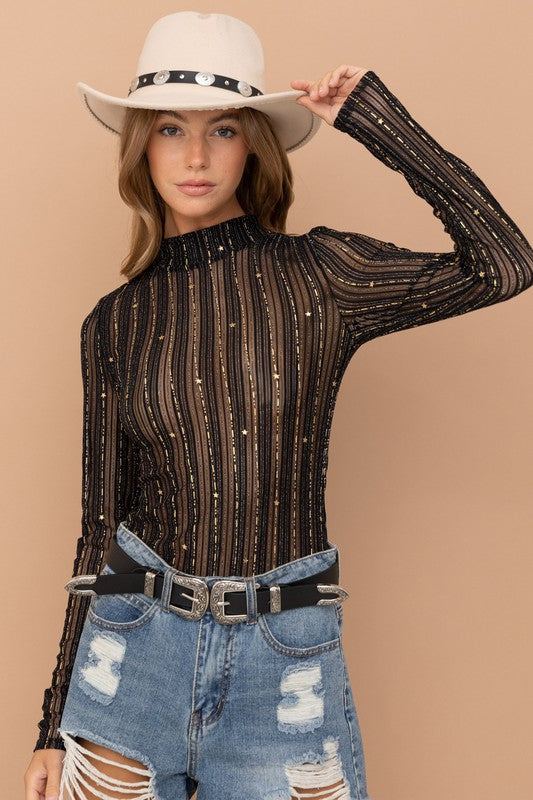 Blue B Metallic Star Stripe Mesh Mock Neck  Top