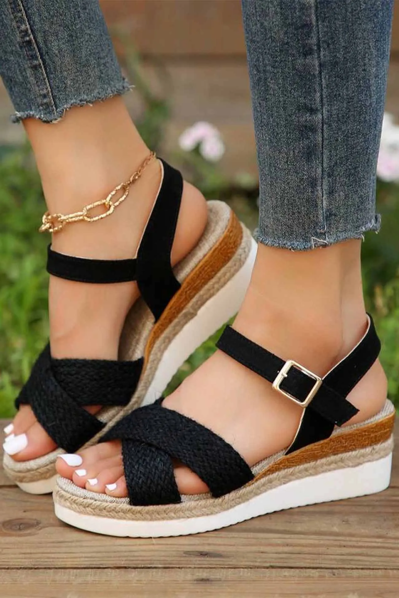 Braided Platform Ankle Buckle Sandals