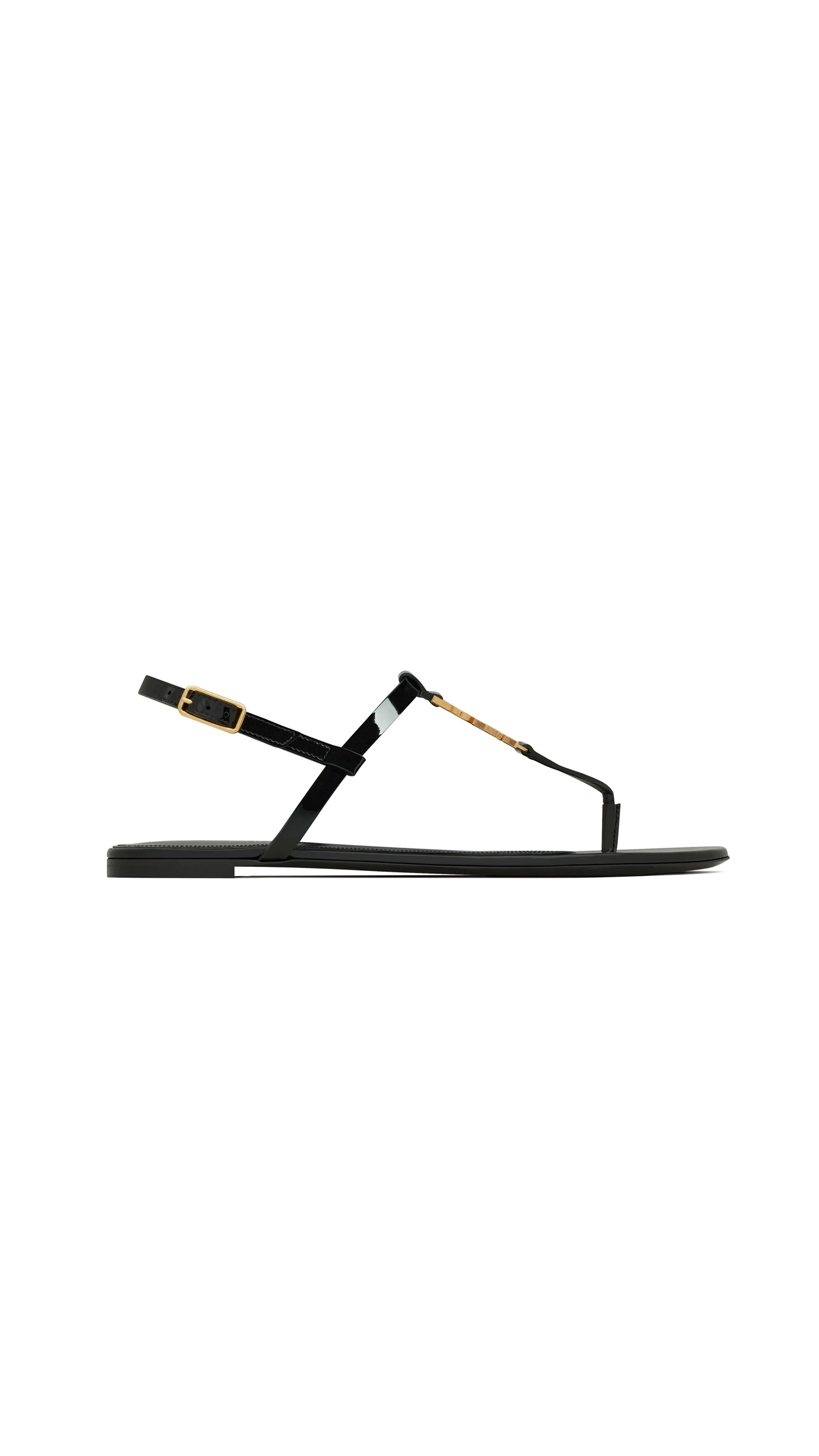 Cassandra Flat Sandals in Patent Leather with Gold-tone Monogram - Black