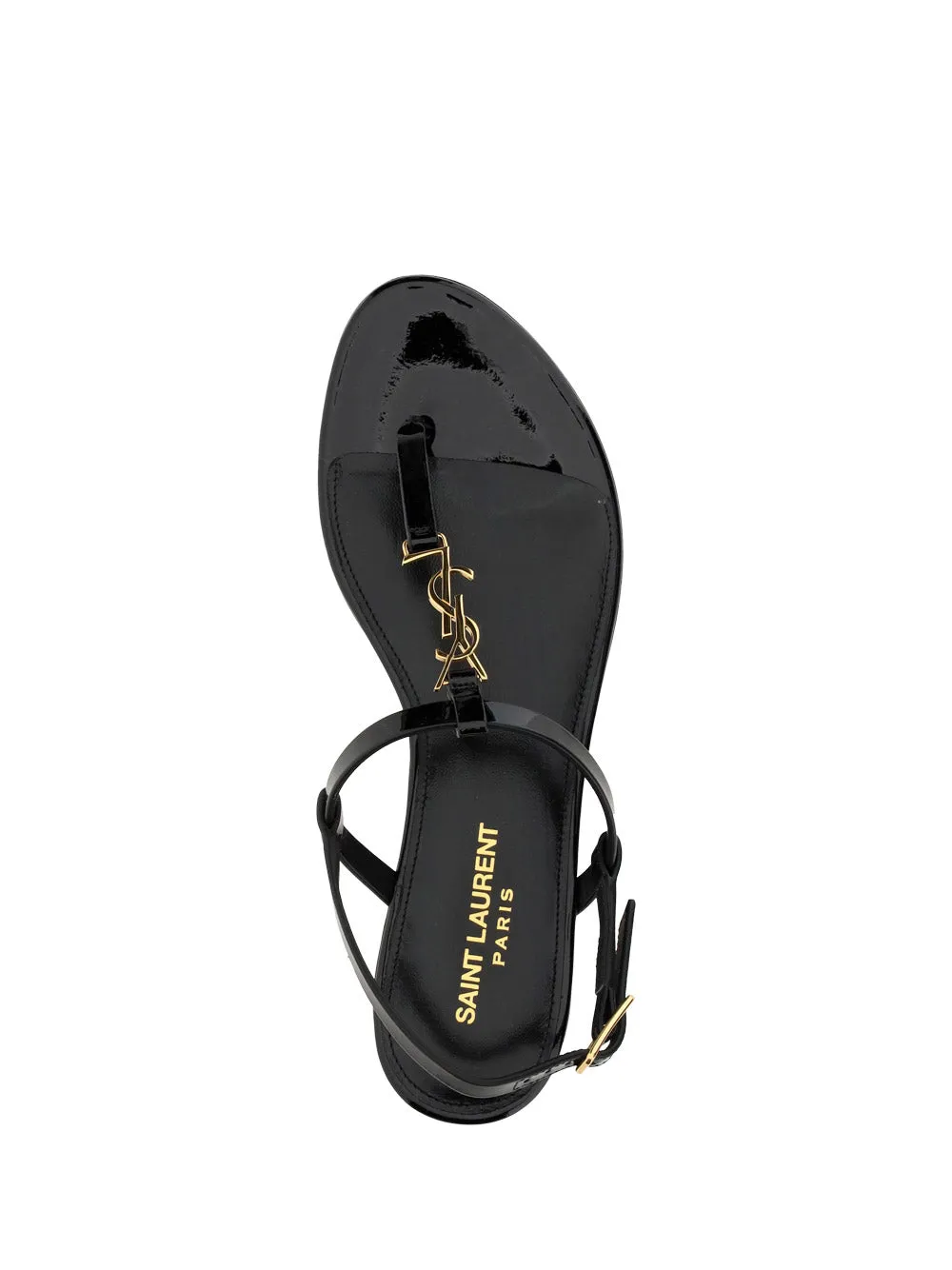 Cassandra Flat Sandals in Patent Leather with Gold-tone Monogram - Black