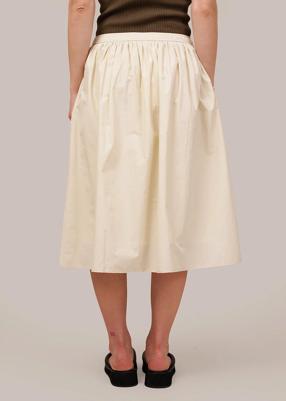 Cream Gathered Midi Skirt