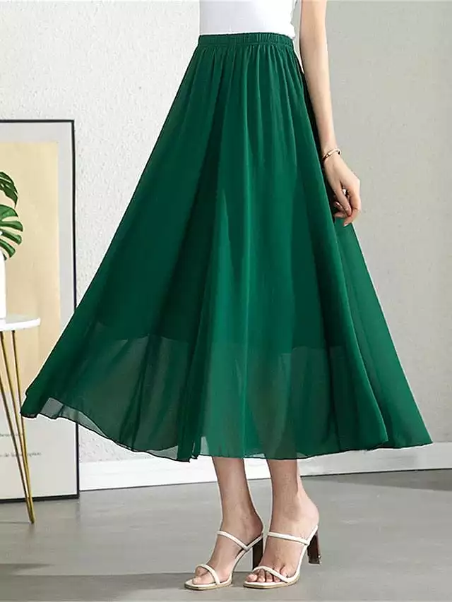 Elegant Layered High Waist Maxi Skirt for Women in Apricot, Black, White, and Red