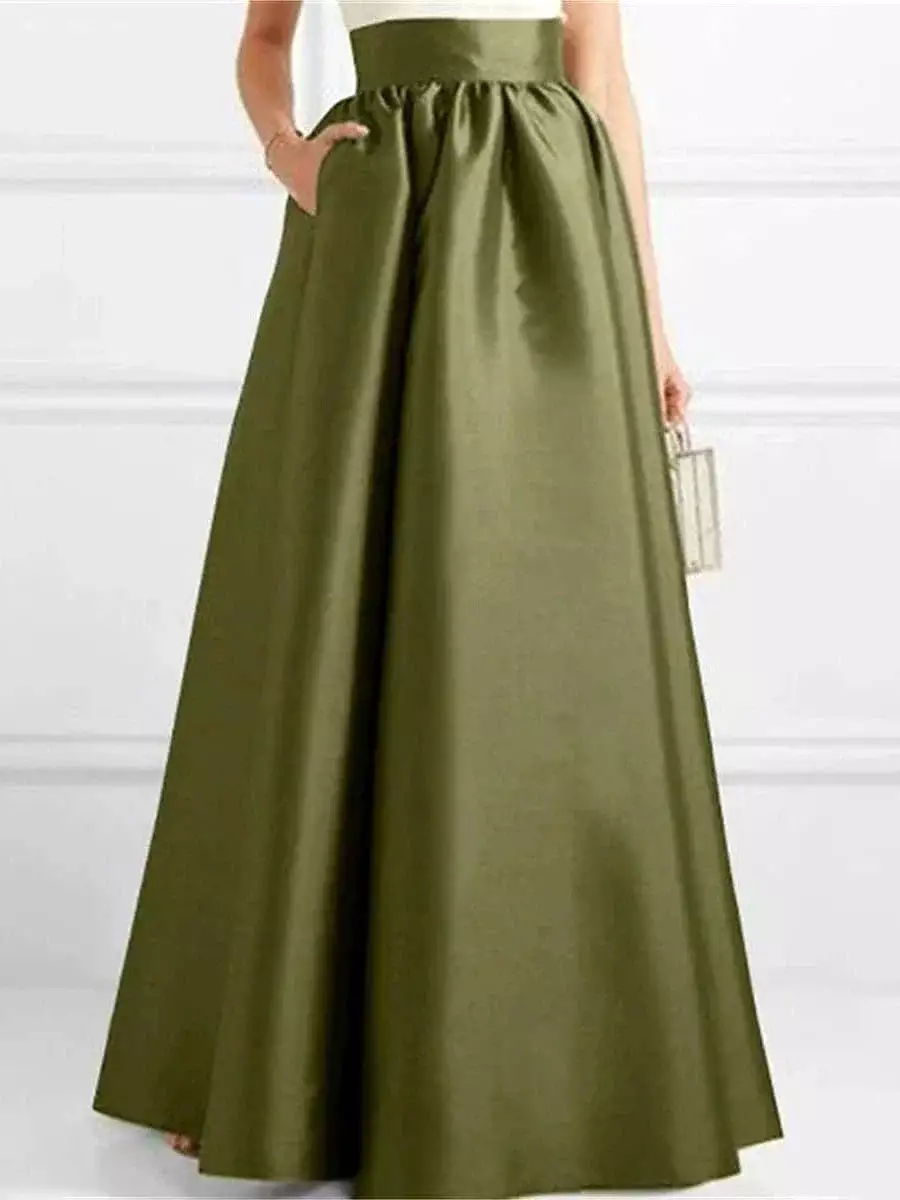 Elegant Satin A-Line Maxi Skirt with Pockets in Green, Black, and Red for Fall & Winter Parties (M L XL)