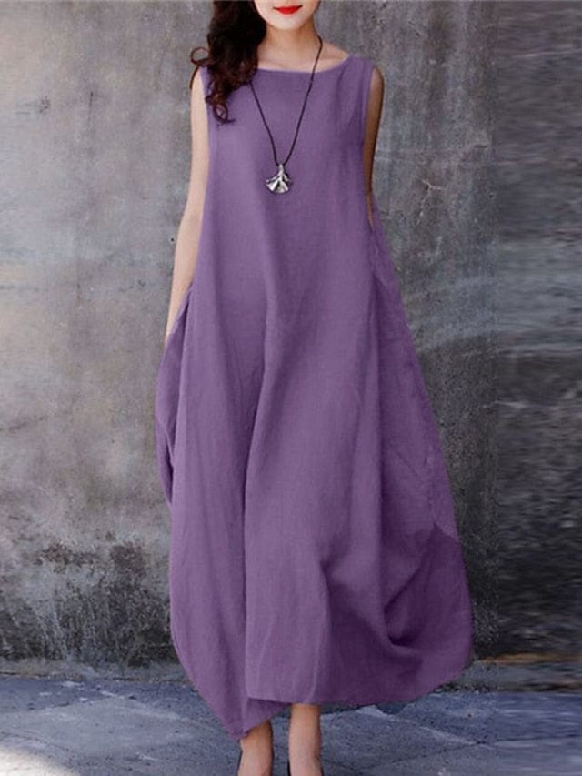 Elegant Sleeveless Cotton Linen Maxi Dress with Lace Detail for Women