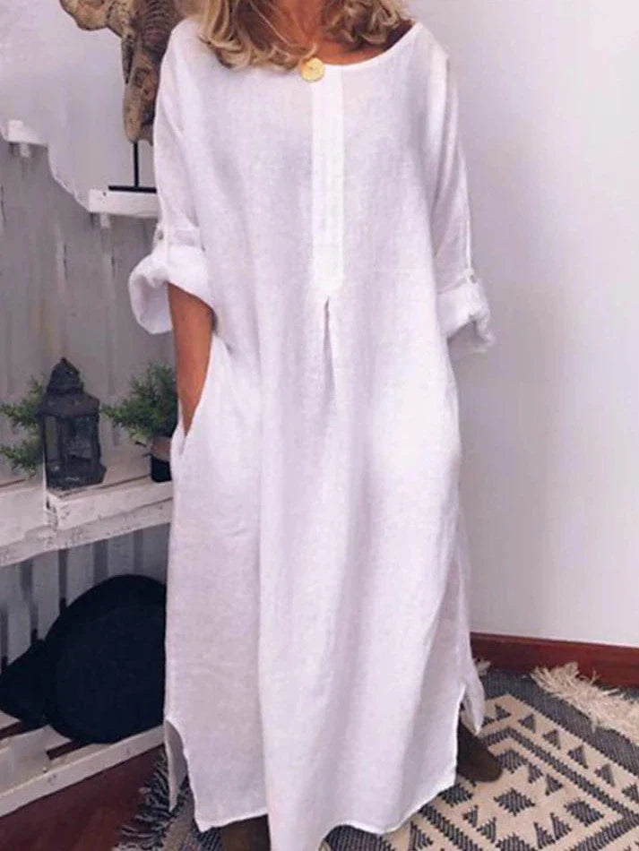 Elegant White Linen Maxi Dress with Ruched Pockets for Women