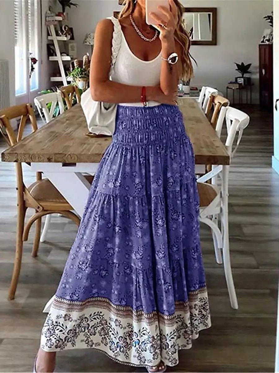 Floral Print A Line Maxi Skirts for Women in Red Blue Purple Green