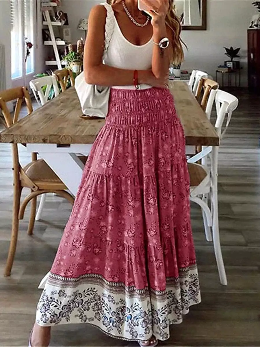 Floral Print A Line Maxi Skirts for Women in Red Blue Purple Green