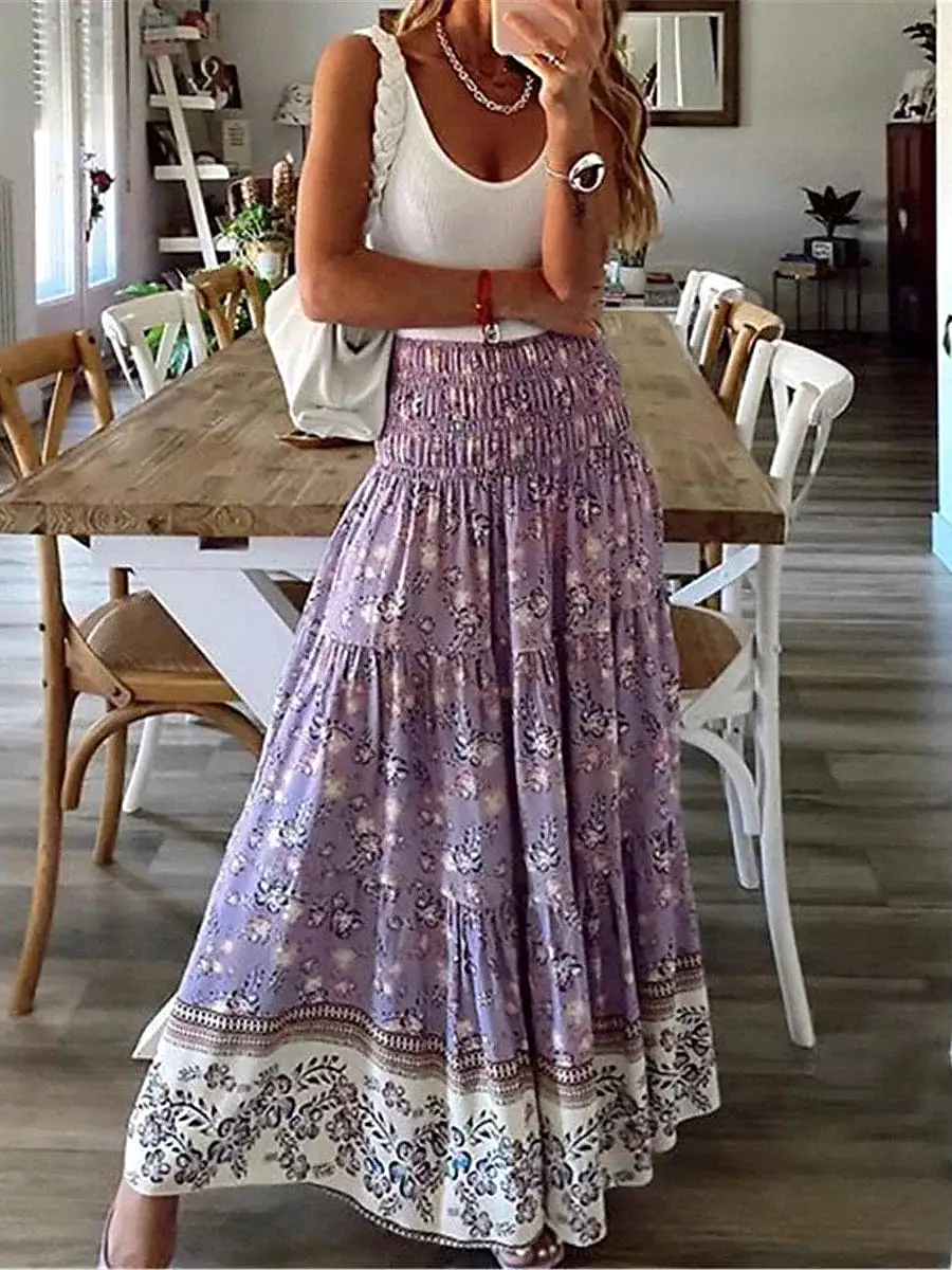 Floral Print A Line Maxi Skirts for Women in Red Blue Purple Green