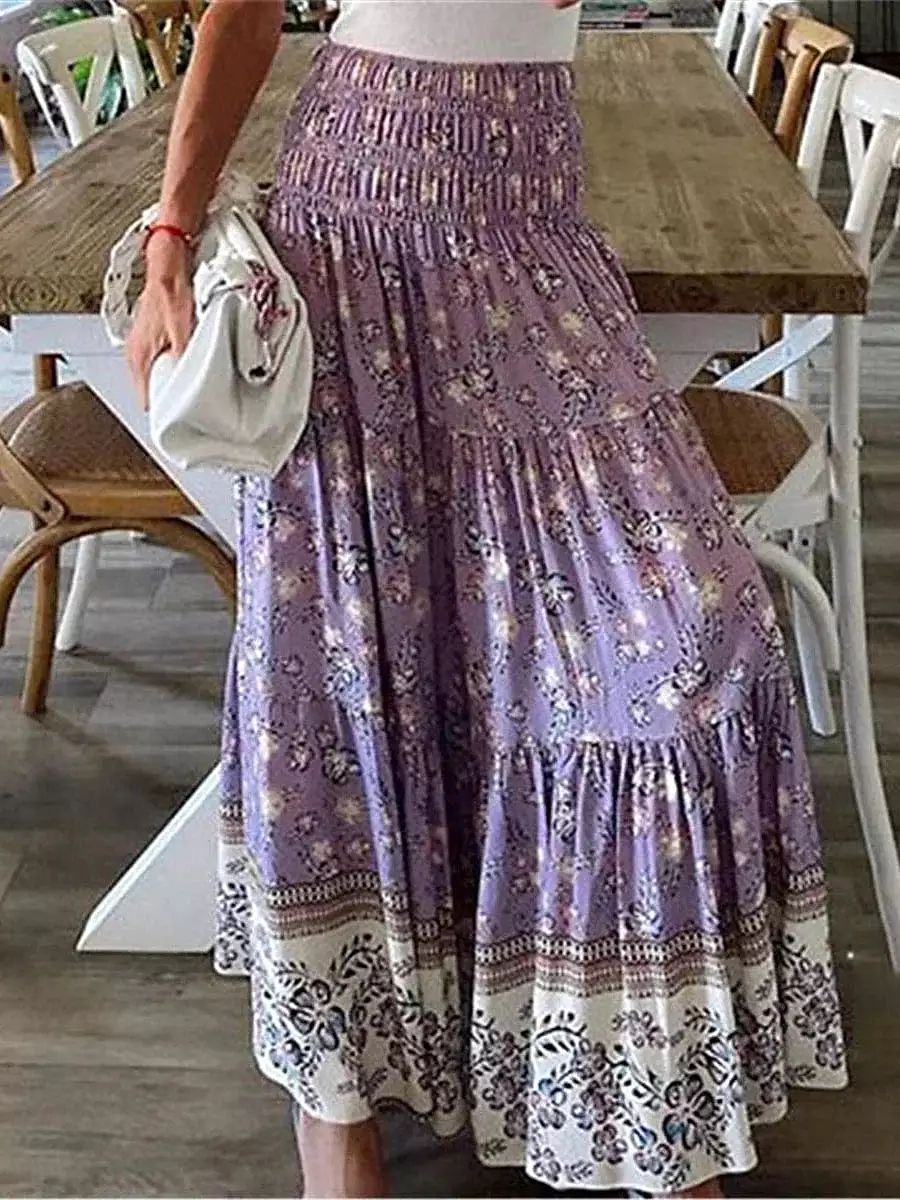 Floral Print A Line Maxi Skirts for Women in Red Blue Purple Green