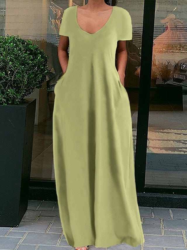 Fluorescent Green Cotton Linen Maxi Dress with Short Sleeves and V-Neck