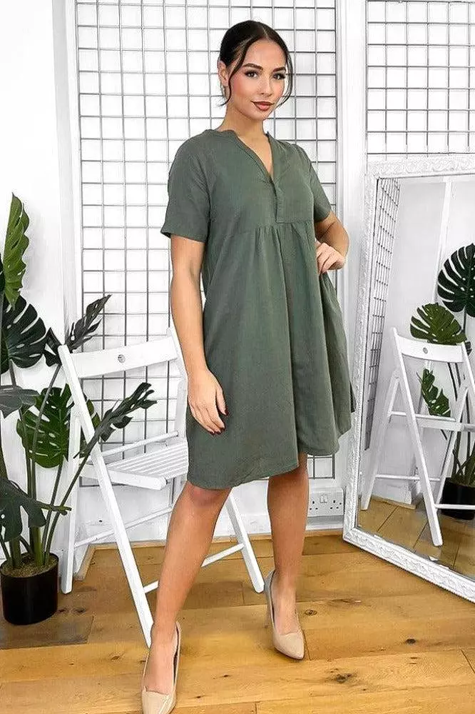 Grandad Collar Linen Blend Shift Dress