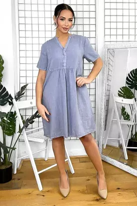 Grandad Collar Linen Blend Shift Dress