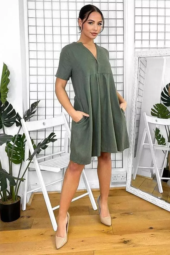 Grandad Collar Linen Blend Shift Dress