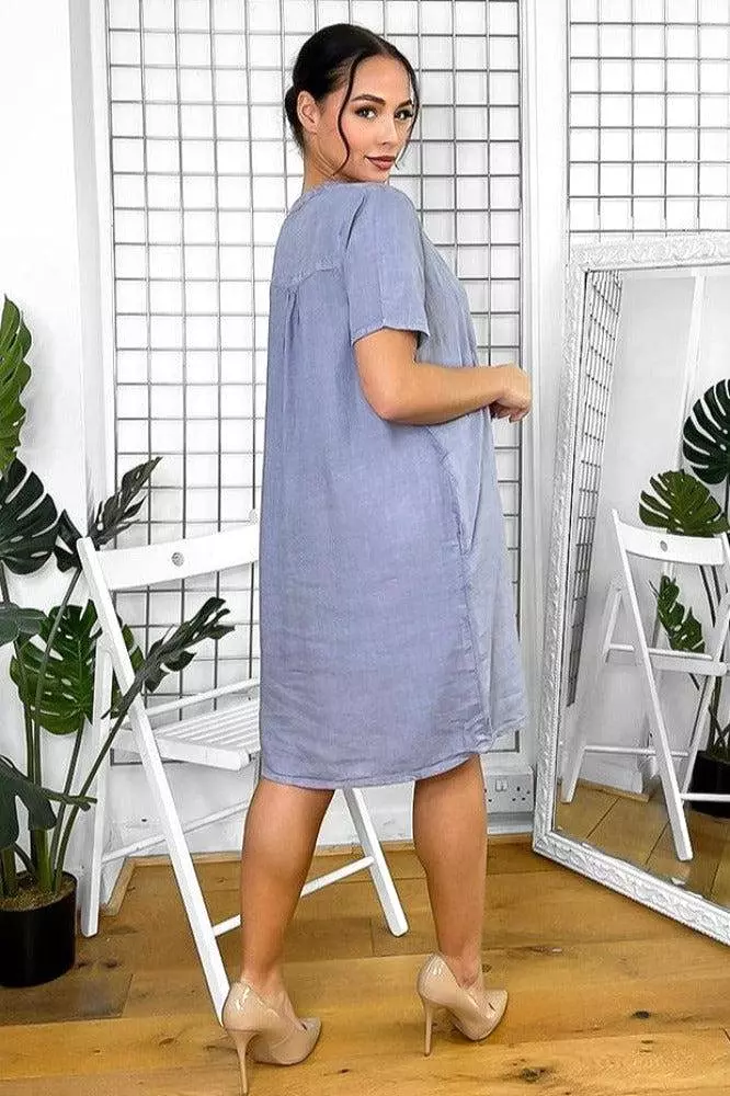 Grandad Collar Linen Blend Shift Dress