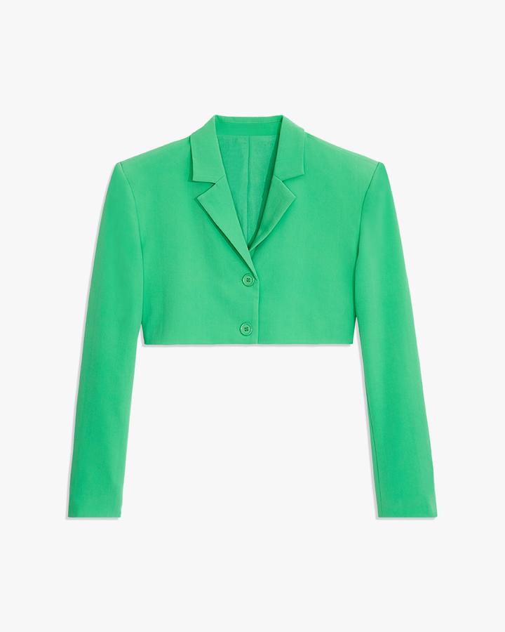 Green cropped herringbone twill blazer