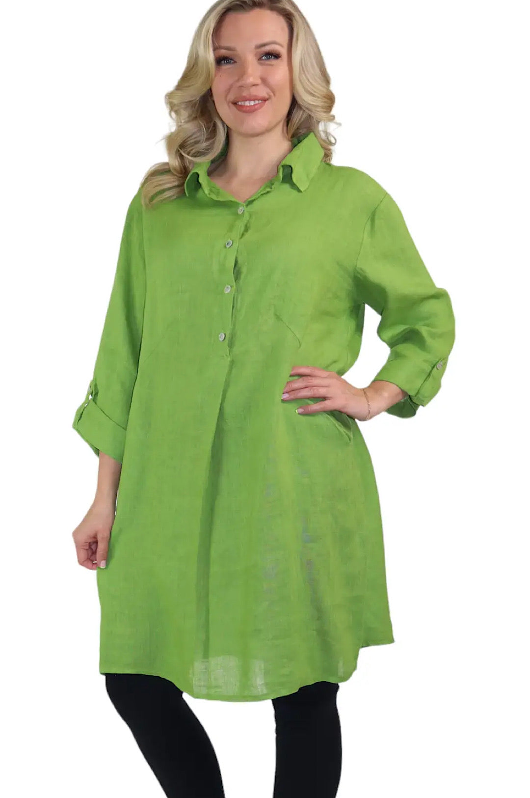 Green or White Linen Relaxed Fit Dress Top