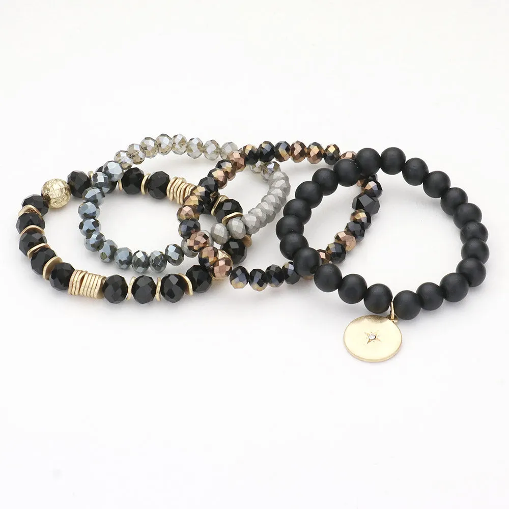 iLLASPARKZ 4PCS - North Star Accented Round Charm Wood Faceted Beaded Stretch Bracelets