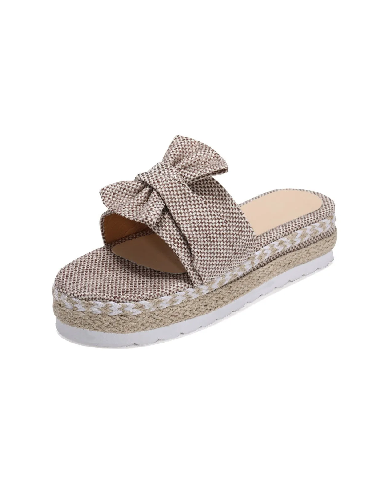 Khaki Knitted Bow Platform Beach Sandals