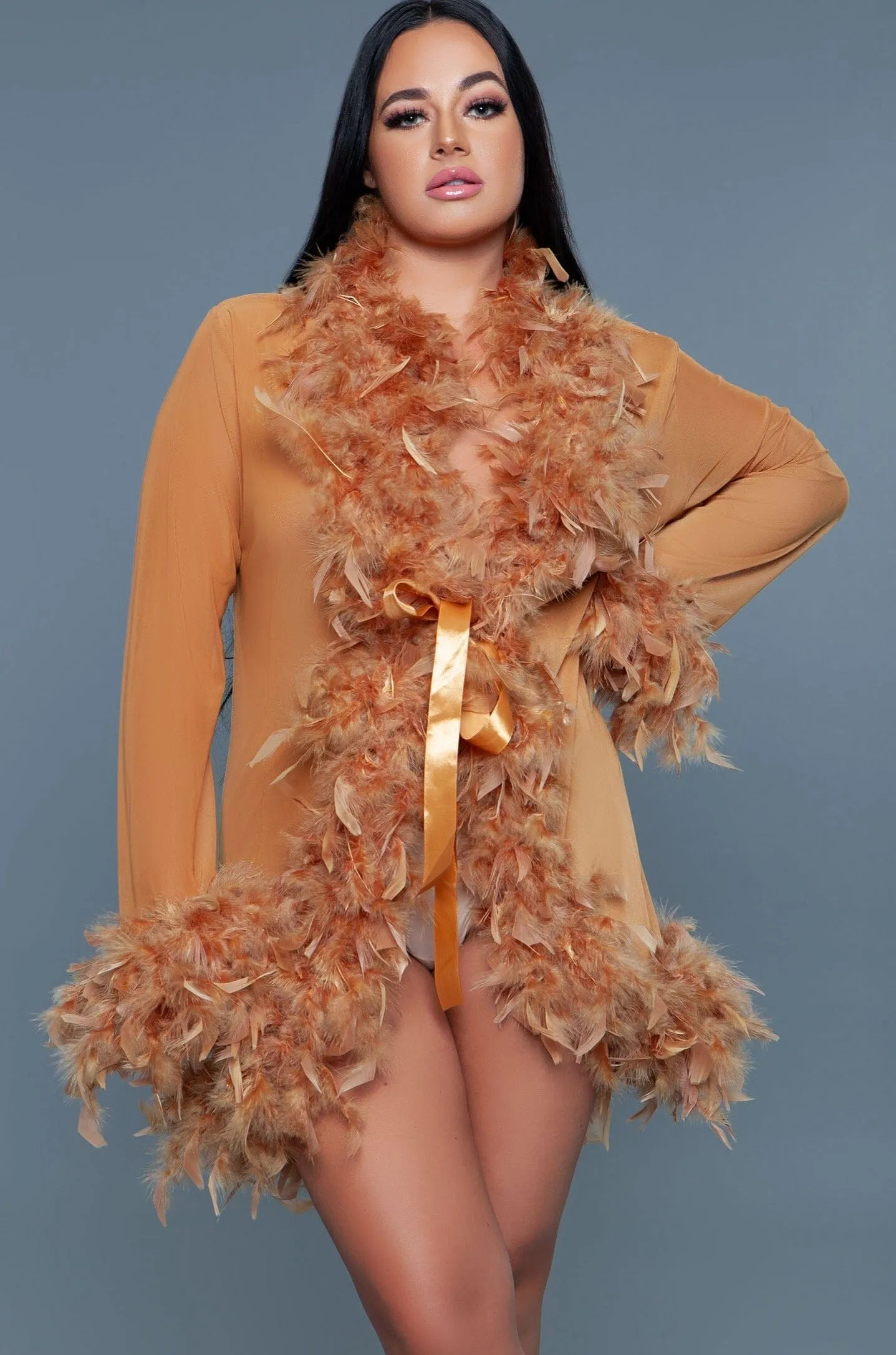 Knee Length Feather Robe With Ribbon Ties