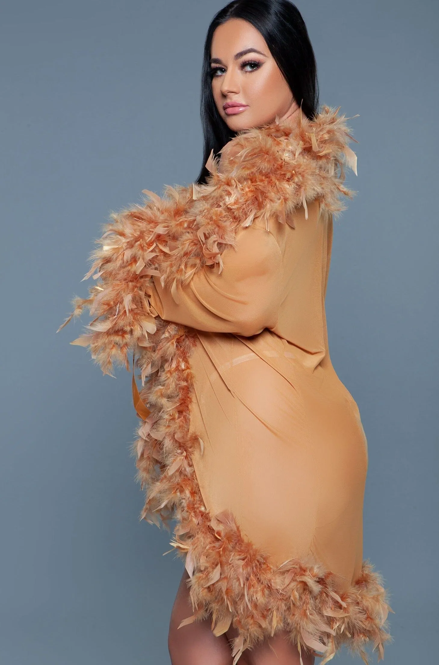 Knee Length Feather Robe With Ribbon Ties