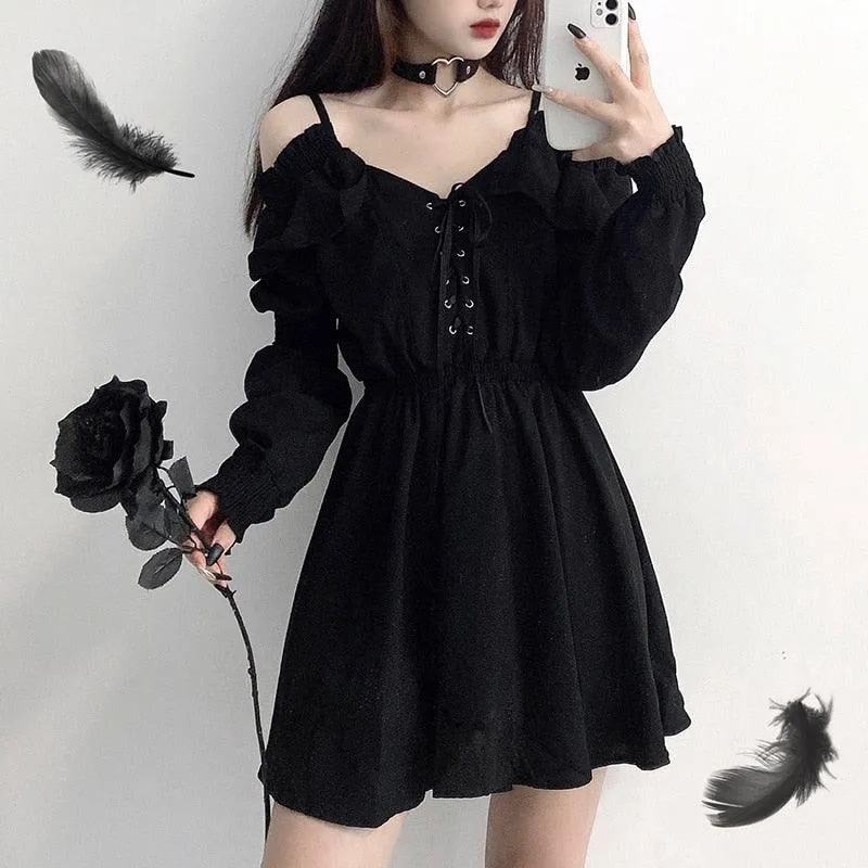 Lace Up Black Sexy High Waist Femme Gothic Dress