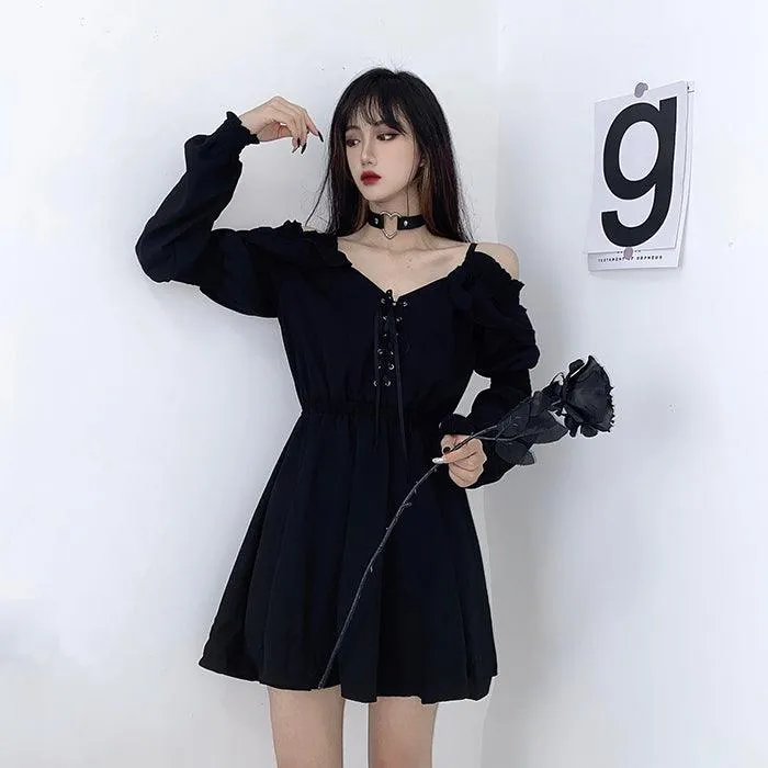 Lace Up Black Sexy High Waist Femme Gothic Dress