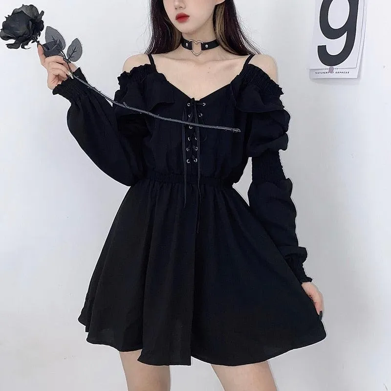 Lace Up Black Sexy High Waist Femme Gothic Dress