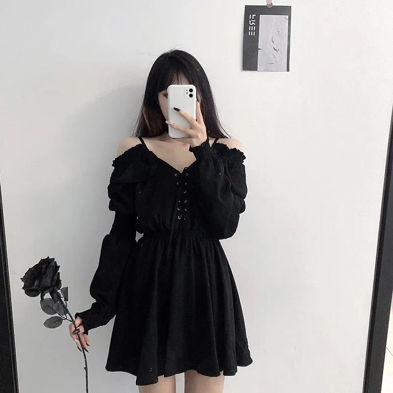 Lace Up Black Sexy High Waist Femme Gothic Dress