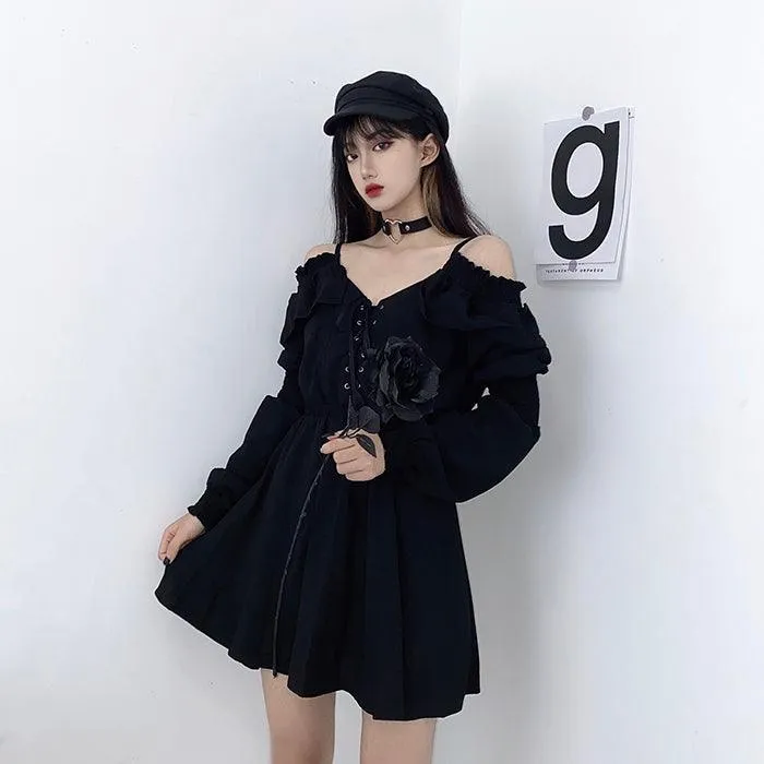 Lace Up Black Sexy High Waist Femme Gothic Dress