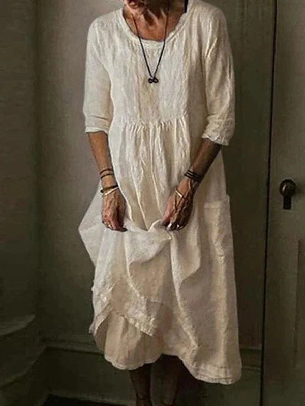 Ladies' Comfortable Linen Midi Dress with Half Sleeves and Pockets