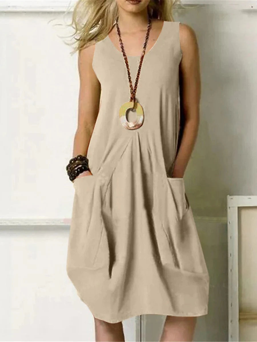 Ladies' Versatile Cotton Linen Midi Dress with U-Neck and Pockets, Available in Multiple Colors and Sizes