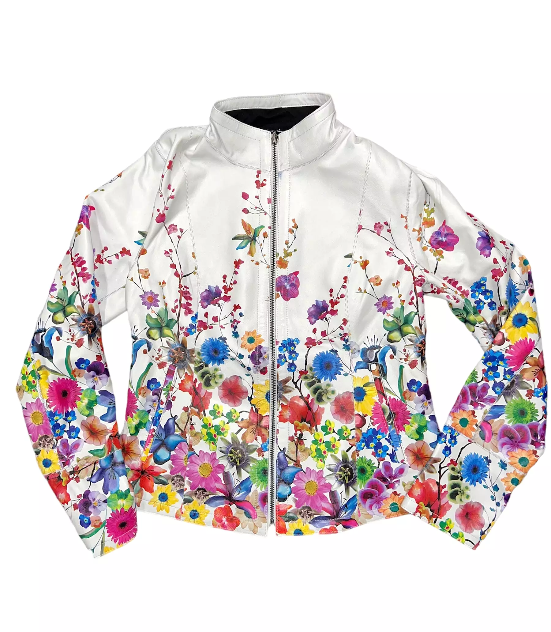 Leather Floral Print Zip Jacket