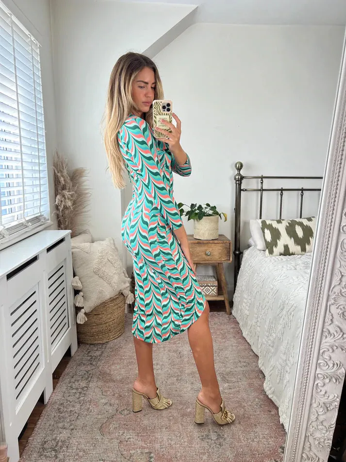 Love And Joy London Midi Wrap Dress In Green Print