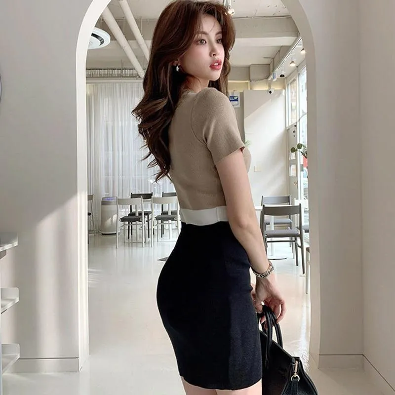 O-Neck Elegant Pencil Dress For Women Slim Elastic Knitted Bodycon Dress