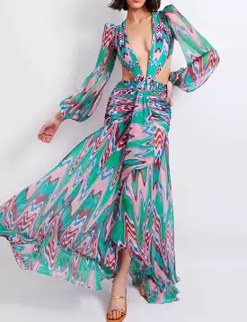 Patbo - Wave High Waist Draped Maxi Skirt - Green Multi