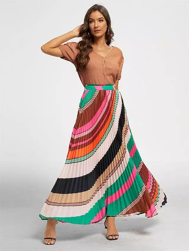 Rainbow Print Pleated Maxi Skirt for Women - S M L Sizes Available