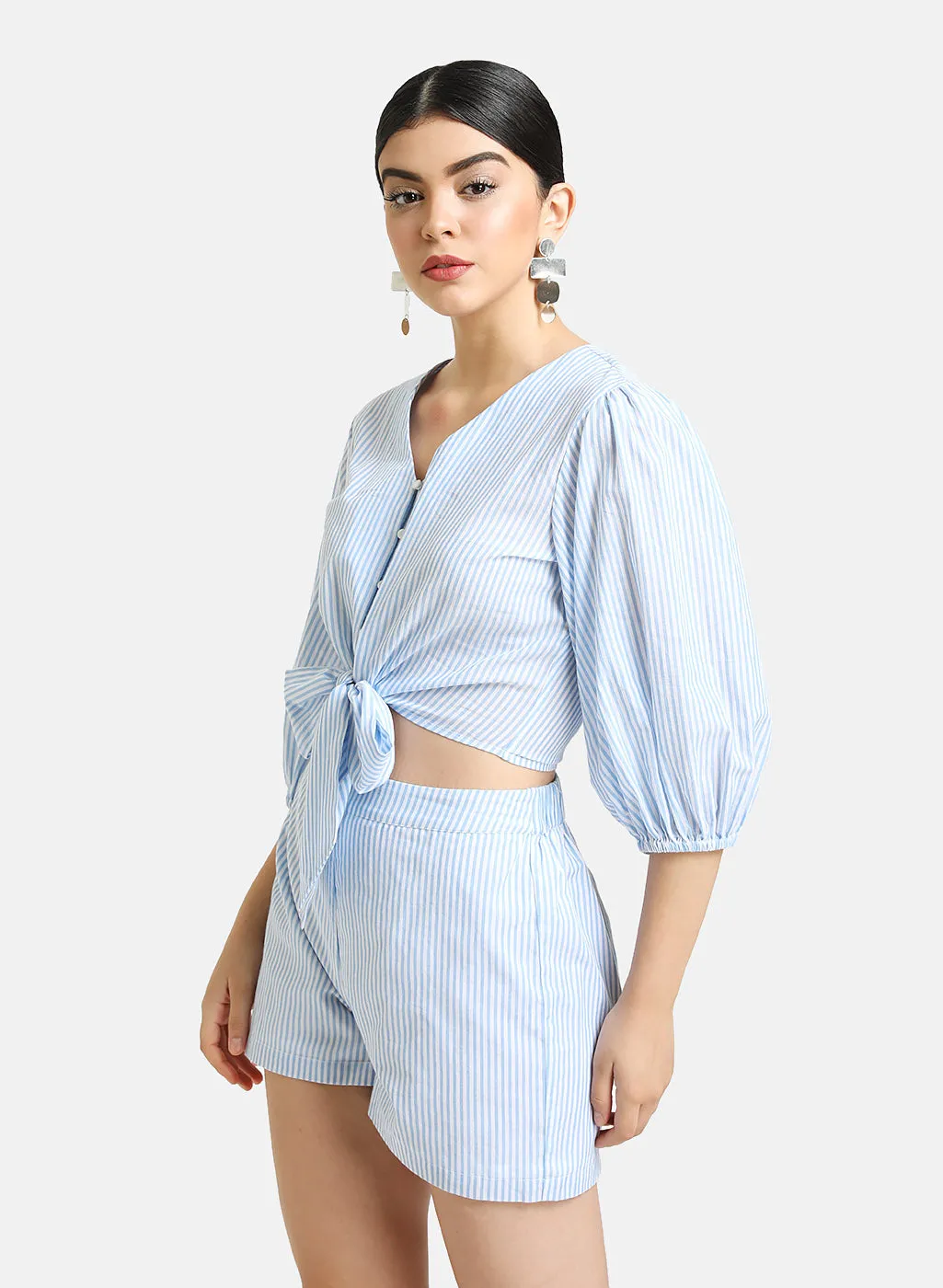 Set Of Cotton Stripped Tie Knot Top With Shorts.