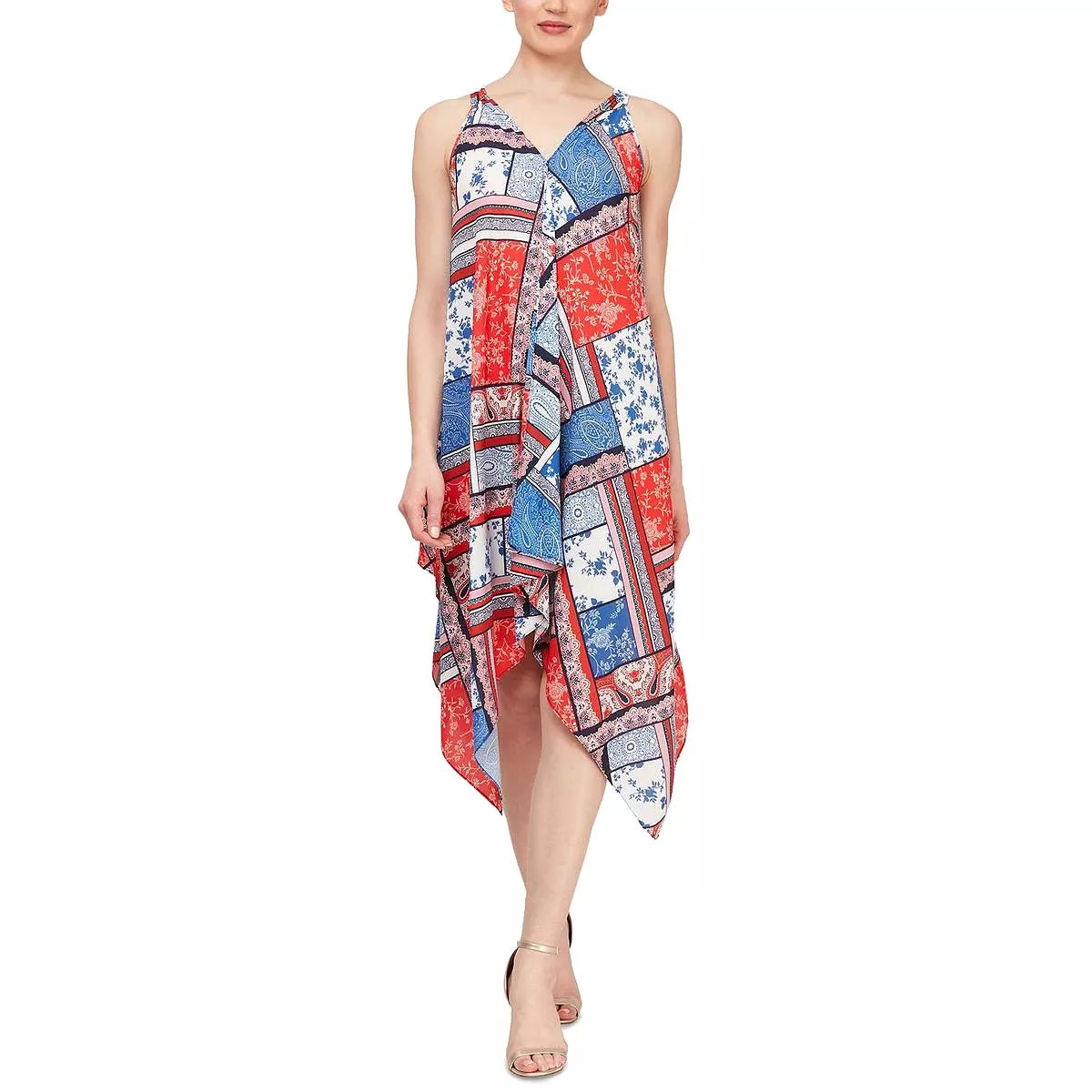 SLNY Womens Printed Tea Length Shift Dress