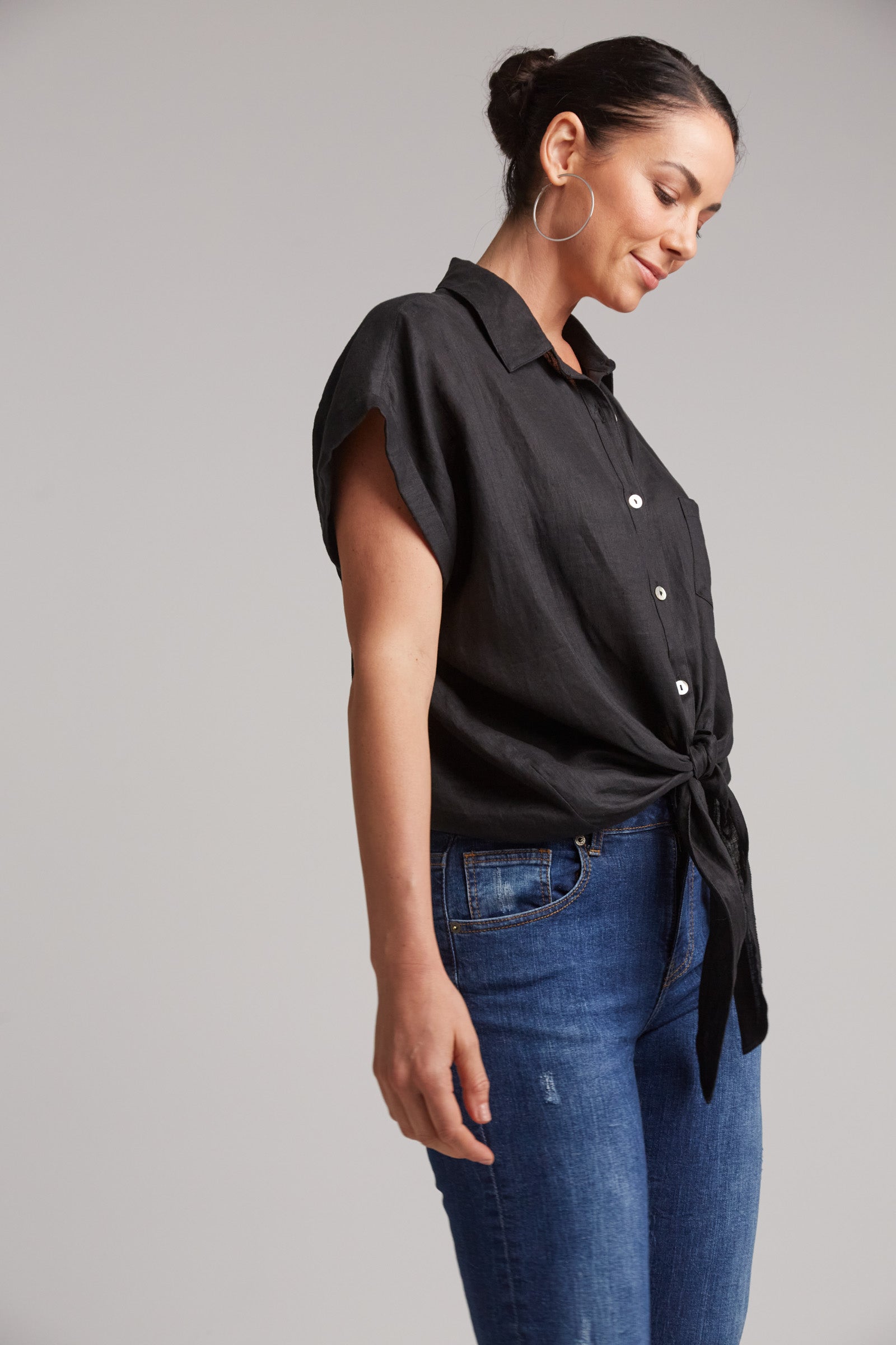 Studio Tie Front Linen Shirt - Black