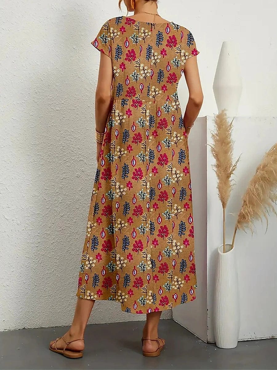 Stylish Loose-Fit Leaf Print Midi Dress for Women in Cotton Linen Blend