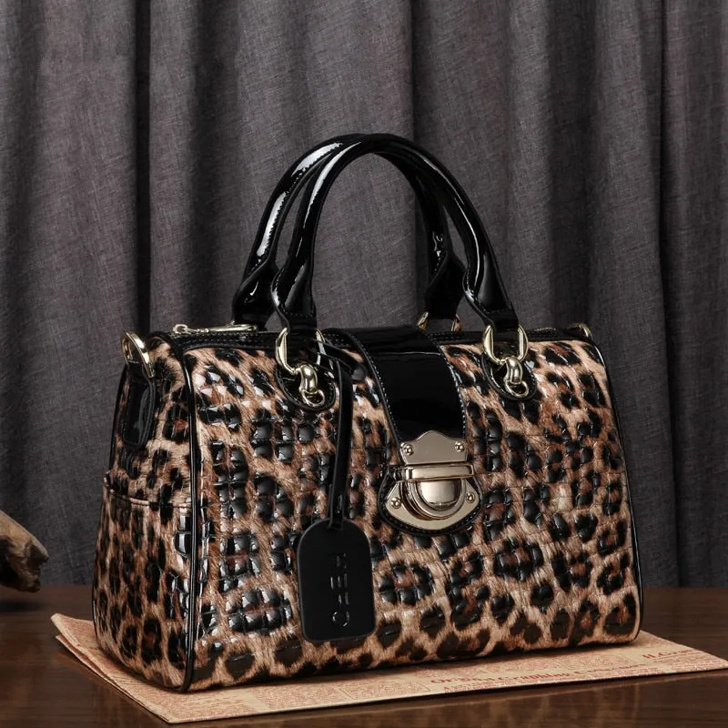 Women's Cowhide Leather Leopard Print Portable Messenger Handbag