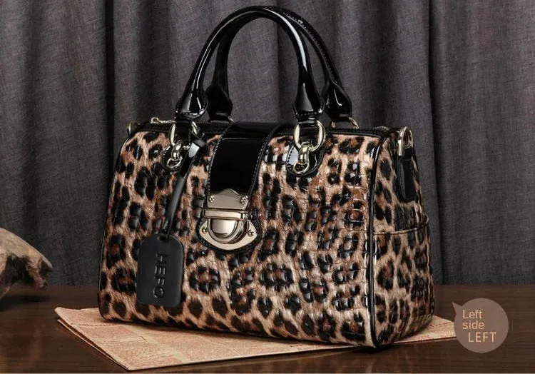 Women's Cowhide Leather Leopard Print Portable Messenger Handbag