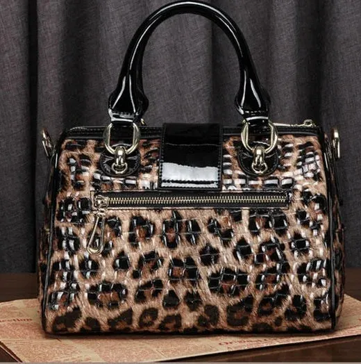 Women's Cowhide Leather Leopard Print Portable Messenger Handbag