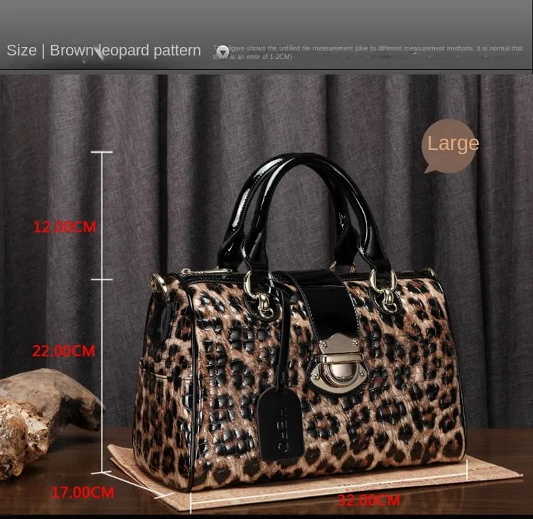 Women's Cowhide Leather Leopard Print Portable Messenger Handbag